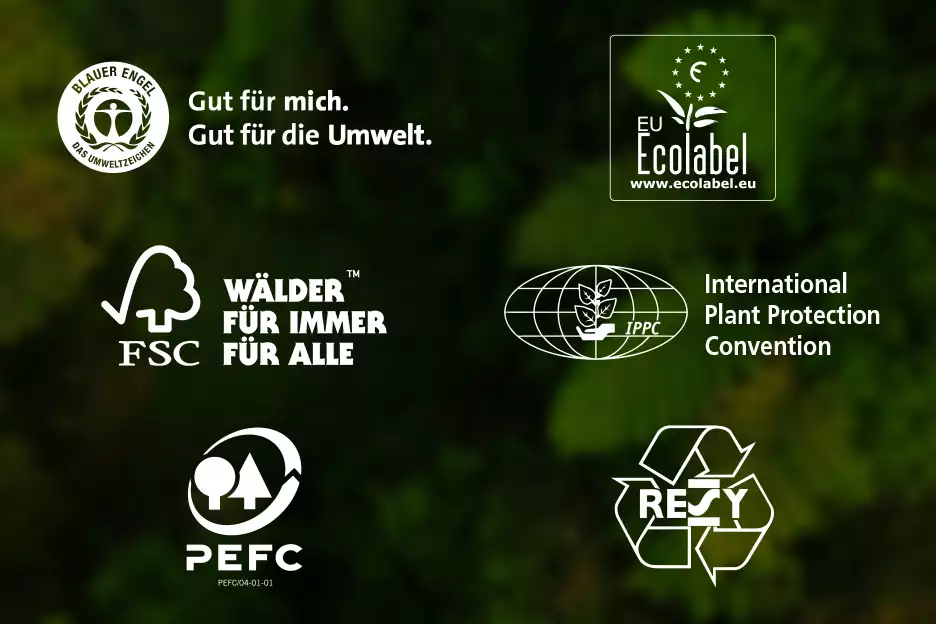 Umweltzeichen von Blauer Engel, Ecolabel, PEFC, RESY, FSC, IPPS